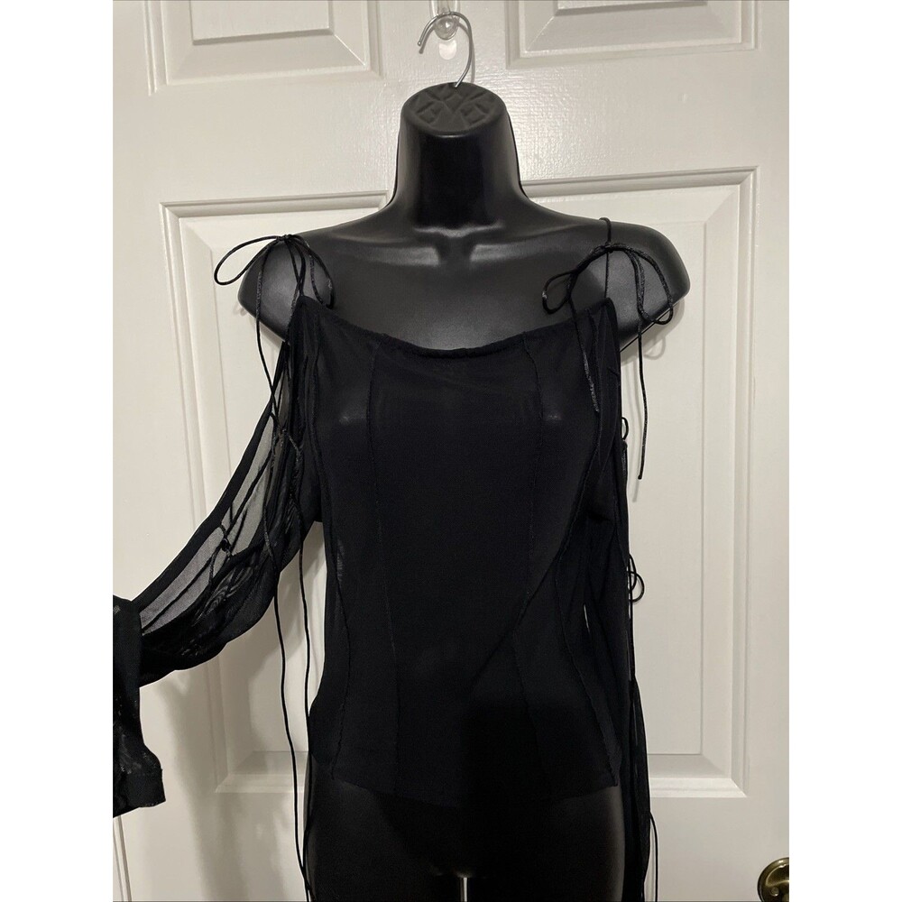 Beige Botany Black Sheer Long Sleeve Open Arm Ties Sz M Whimsigoth Witchy